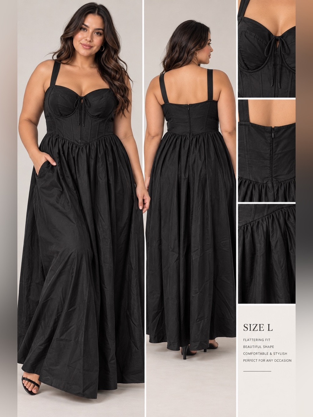 Black Corset Maxi Dress with Pockets